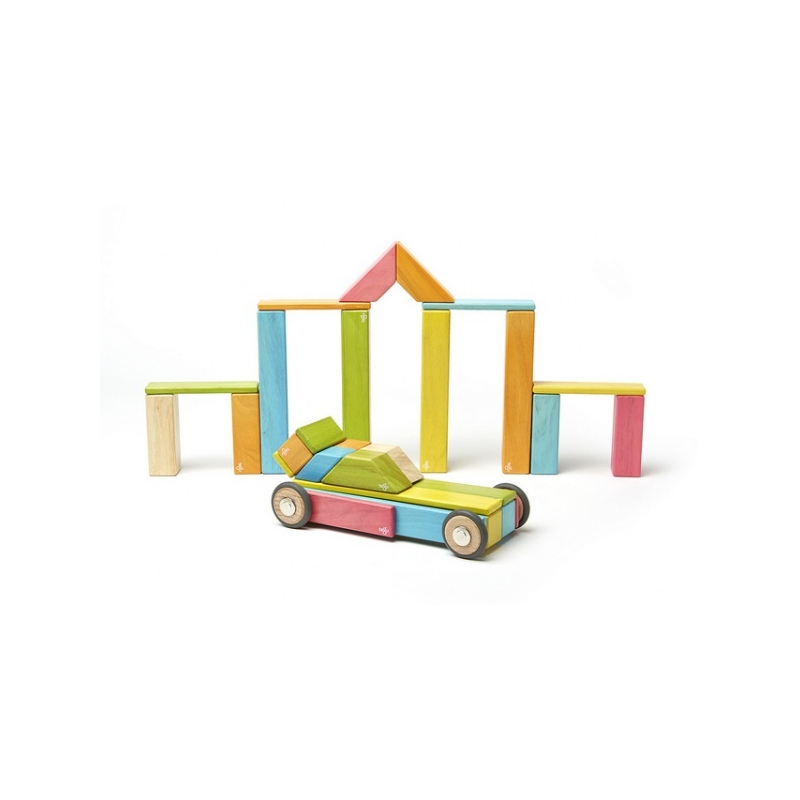 TEGU Drewniane klocki magnetyczne zestaw 42 elementy z kołami TINTS