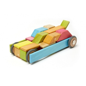 TEGU Drewniane klocki magnetyczne zestaw 42 elementy z kołami TINTS