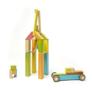 TEGU Drewniane klocki magnetyczne zestaw 42 elementy z kołami TINTS