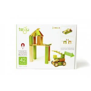 TEGU Drewniane klocki magnetyczne zestaw 42 elementy z kołami JUNGLE