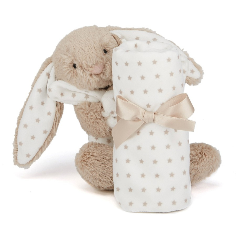 Beżowy króliczek Starry Bunny z kocykiem w gwiazdki 