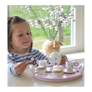 INDIGO JAMM Drewniany serwis do herbaty z tacą i babeczkami