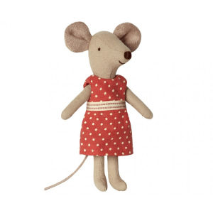 MAILEG Myszka w pudełeczku - starsza siostrzyczka w sukience w kremowe groszki