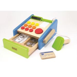 PINTOY Drewniana kasa sklepowa z czytnikiem kodów