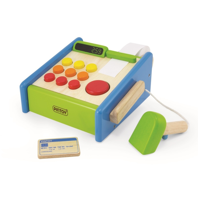 PINTOY Drewniana kasa sklepowa z czytnikiem kodów
