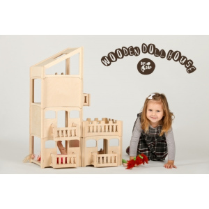 DIP DAP Drewniany domek dla lalek z balkonem i poddaszem